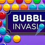 Burbujas de colores brillantes en un fondo morado con un recuadro central azul oscuro