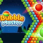 Burbujas de colores en un patrón diagonal con el texto Bubble Master en el centro sobre un fondo nocturno con árboles