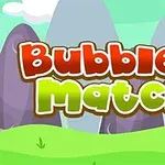 Título colorido en letras grandes sobre un paisaje de colinas y cielo azul con nubes, con el texto Bubble Match 3