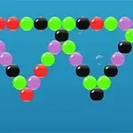 Burbujas de colores en forma de dos triángulos invertidos sobre un fondo azul
