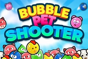 Título colorido Bubble Pet Shooter con burbujas de animales en un fondo azul brillante