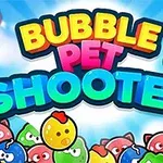 Título colorido Bubble Pet Shooter con burbujas de animales en un fondo azul brillante