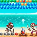 Dos piratas en un barco de madera frente al mar, uno con espada y otro con cañón, con bolas de colores flotando arriba