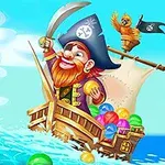 Pirata de dibujos animados en un barco lleno de bolas de colores con un loro y olas en el mar