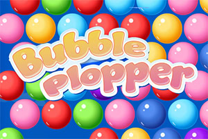 Burbujas de colores brillantes con el texto Bubble Plopper en el centro sobre un fondo azul