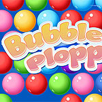Burbujas de colores brillantes con el texto Bubble Plopper en el centro sobre un fondo azul
