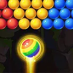 Bolas de colores rojas, amarillas y azules alineadas en la parte superior con una esfera arcoíris brillante en el centro inferior