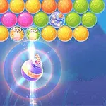 Fila de burbujas de colores con un fondo azul y una esfera luminosa en la parte inferior