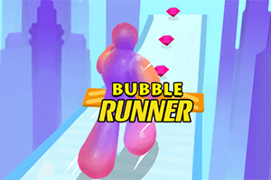 Figura colorida corriendo en un escenario futurista con diamantes flotantes y texto destacado