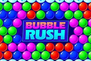 Burbujas de colores brillantes rodean un letrero central con el texto BUBBLE RUSH sobre un fondo azul