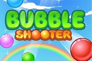 Título colorido con burbujas multicolores y un arcoíris en un cielo azul