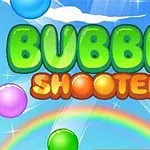 Título colorido con burbujas multicolores y un arcoíris en un cielo azul