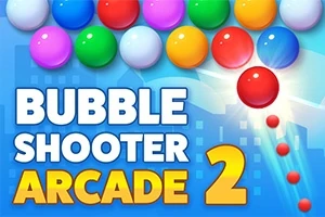 Burbujas de colores alineadas con texto Bubble Shooter Arcade 2 sobre un fondo azul