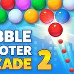 Burbujas de colores alineadas con texto Bubble Shooter Arcade 2 sobre un fondo azul