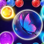 Mariposa azul con rosa en una burbuja rodeada de esferas de colores brillantes sobre un fondo oscuro