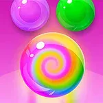 Burbuja de colores brillantes con espiral arcoíris, acompañada de burbujas morada y verde sobre un fondo rosa