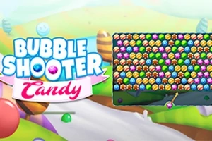 Un paisaje colorido con burbujas multicolores y dulces, junto a un tablero lleno de burbujas listas para ser disparadas