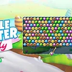 Un paisaje colorido con burbujas multicolores y dulces, junto a un tablero lleno de burbujas listas para ser disparadas