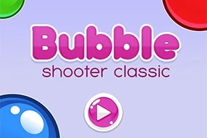Pantalla de inicio con el título Bubble Shooter Classic en letras rosas sobre un fondo lila, con burbujas de colores en las esquinas y un ícono de reproducción en el centro