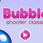 Pantalla de inicio con el título Bubble Shooter Classic en letras rosas sobre un fondo lila, con burbujas de colores en las esquinas y un ícono de reproducción en el centro