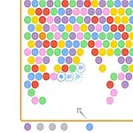 Fondo blanco con muchas bolas de colores agrupadas en la parte superior y algunas sueltas en la parte inferior, con una flecha apuntando hacia arriba