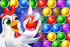 Gallina sonriente sosteniendo una esfera roja frente a filas de esferas coloridas