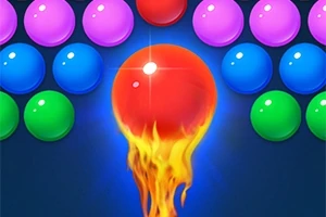 Bola roja en llamas rodeada de esferas de colores en un fondo azul oscuro