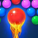 Bola roja en llamas rodeada de esferas de colores en un fondo azul oscuro