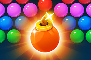 Bomba anaranjada brillante rodeada de esferas de colores vibrantes