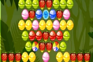 Frutas y caramelos de colores brillantes, incluyendo fresas, limones y esferas en una cuadrícula sobre un fondo verde