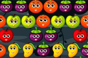Frutas con caras sonrientes en filas ordenadas sobre un fondo oscuro
