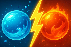 Un orbe azul de agua a la izquierda y un orbe rojo de fuego a la derecha, separados por un rayo amarillo