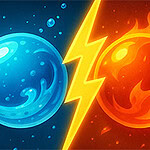 Un orbe azul de agua a la izquierda y un orbe rojo de fuego a la derecha, separados por un rayo amarillo