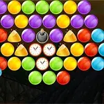 Bolas de colores agrupadas con un reloj de arena y bombas negras en el centro sobre un fondo oscuro