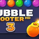 Texto Bubble Shooter HD 3 en letras blancas y naranjas, con pelotas de colores y una bomba naranja con mecha encendida