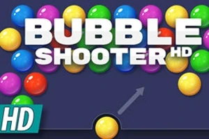 Coloridas burbujas agrupadas con las palabras BUBBLE SHOOTER HD en el centro y una flecha apuntando desde una burbuja amarilla en la parte inferior