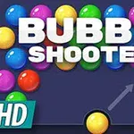 Coloridas burbujas agrupadas con las palabras BUBBLE SHOOTER HD en el centro y una flecha apuntando desde una burbuja amarilla en la parte inferior