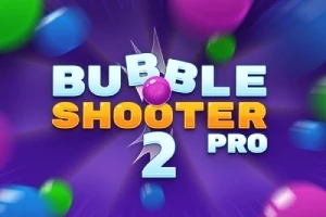 Texto Bubble Shooter 2 Pro en colores blanco y dorado, con burbujas de colores en un fondo morado
