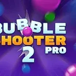 Texto Bubble Shooter 2 Pro en colores blanco y dorado, con burbujas de colores en un fondo morado