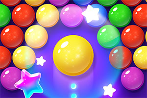 Burbujas de colores y estrellas brillantes sobre un fondo púrpura