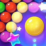 Burbujas de colores y estrellas brillantes sobre un fondo púrpura