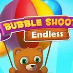 Un oso con ojos grandes sostiene un globo colorido en un fondo azul, con un letrero que dice Bubble Shooter Endless