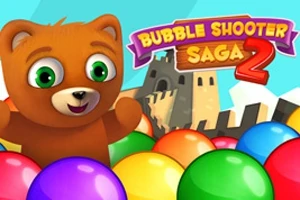 Un oso caricaturizado con ojos grandes rodeado de burbujas de colores frente a un castillo y un cielo azul
