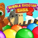 Un oso caricaturizado con ojos grandes rodeado de burbujas de colores frente a un castillo y un cielo azul