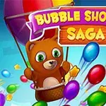 Un oso en un globo aerostático con burbujas de colores alrededor y un letrero en la parte superior