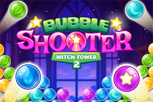 Bubble Shooter Witch Tower 2 Coloridas burbujas con estrellas y un fondo oscuro con la palabra Bubble Shooter Witch Tower 2