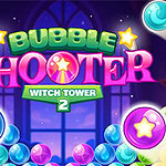 Bubble Shooter Witch Tower 2 Coloridas burbujas con estrellas y un fondo oscuro con la palabra Bubble Shooter Witch Tower 2