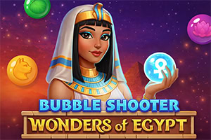 Ilustración de una reina egipcia con tocado y joyas, con esferas brillantes de colores flotando y el texto Bubble Shooter: Wonders of Egypt sobre un fondo estrellado