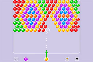 Una pantalla de juego con múltiples burbujas de colores organizadas en filas y un apuntador para lanzar burbujas