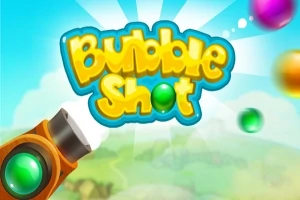 Logo colorido de Bubble Shot con fondo de burbujas y cañón